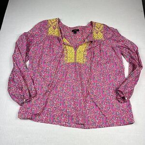 J.Crew Womens Peasant Embroidered Shirt Floral Neck Tie Long Sleeve Boho SMALL